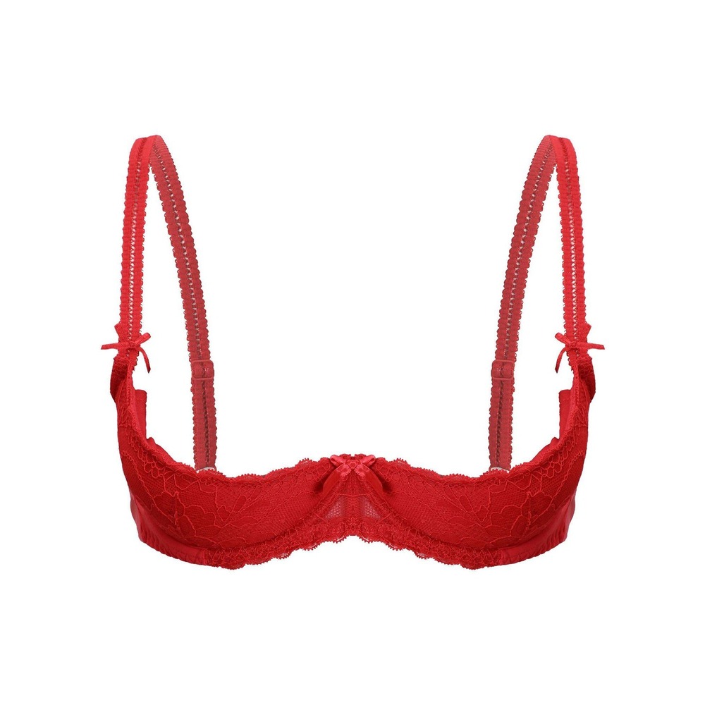 iEFIEL Red Floral‎ Lace 1/2 Cup Underwire Bra with Bow Accents XXL New